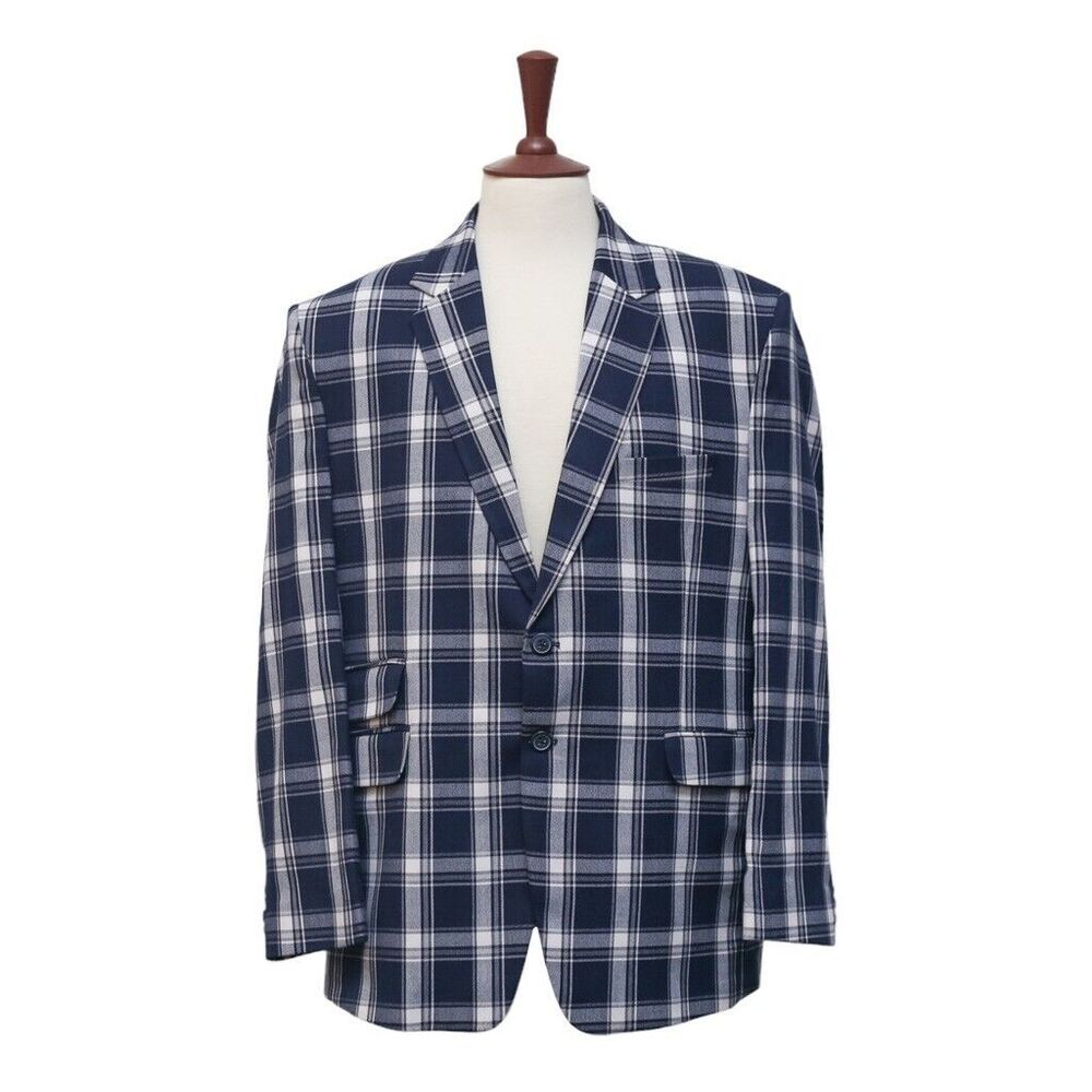 Mens Blazer Navy Blue White Plaid Dress Formal Jacket Wedding Sport Coat 44R